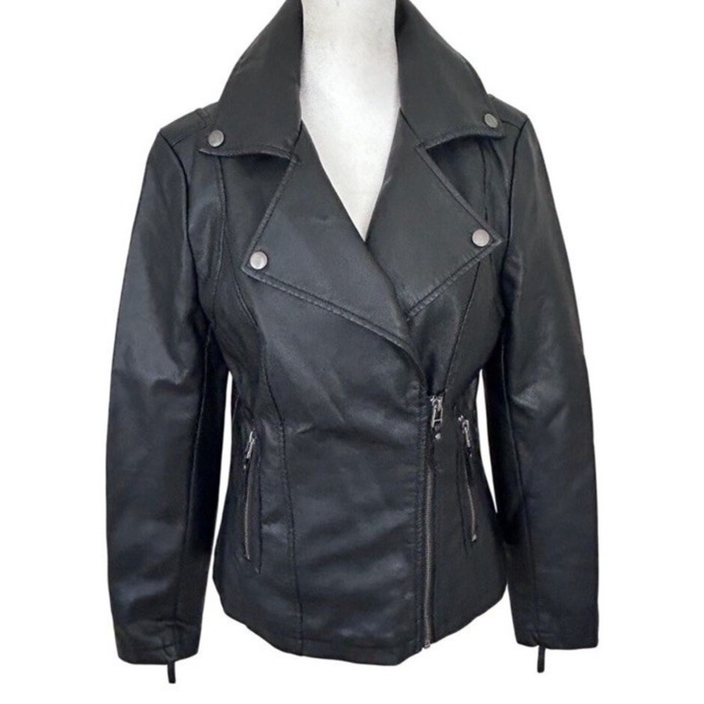 Max Studio Vegan Leather Black Full-Zip Motorcycle Jacket S Grunge